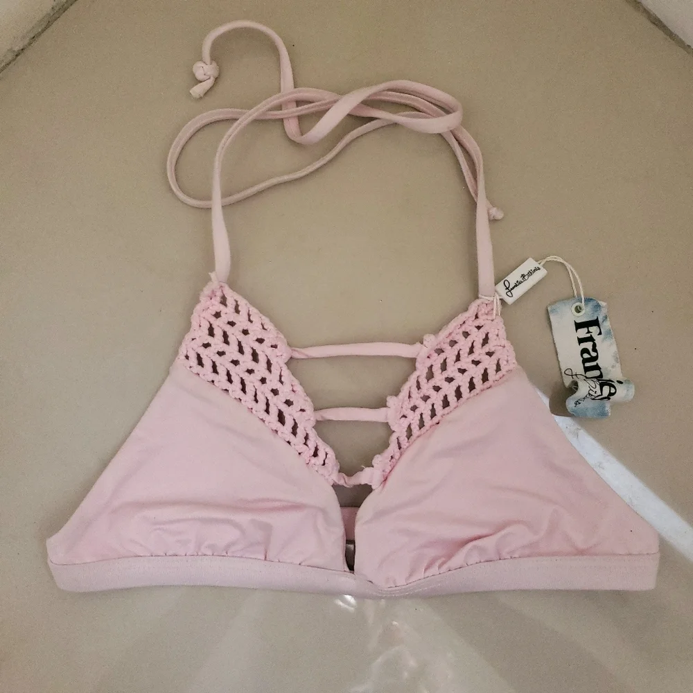 Frankie's Small‎ Sienna Light Pink Crochet Open Knit Tie Triangle Bikini Top